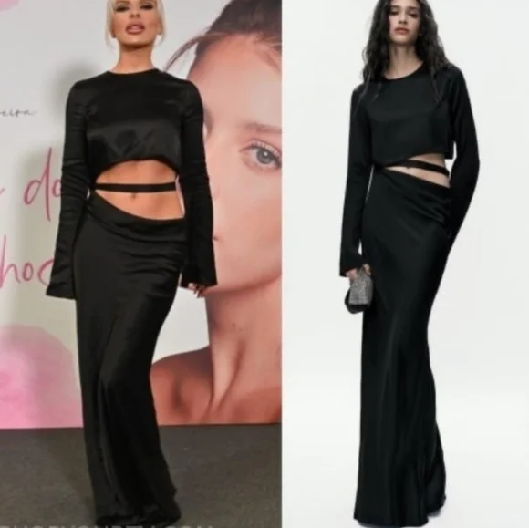 NWT Zara Black Satin Effect Cutout Waist Strap Maxi Dress, Size M - Picture 1 of 17